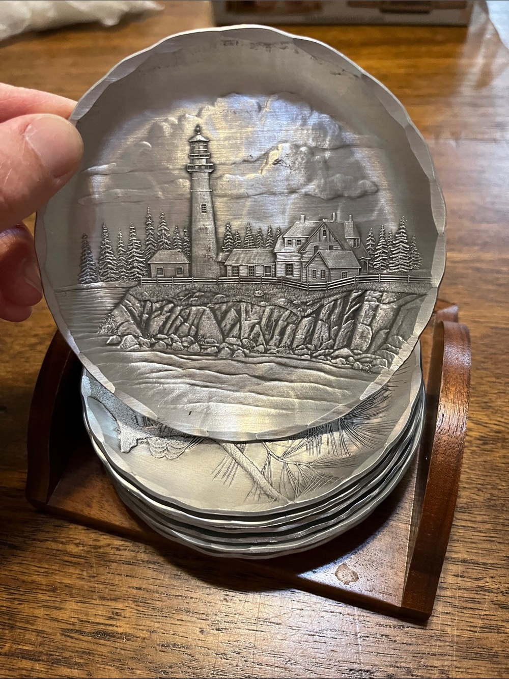 Wendell August Handmade Aluminum Silver Coastal Coaster Set with Wood Holder